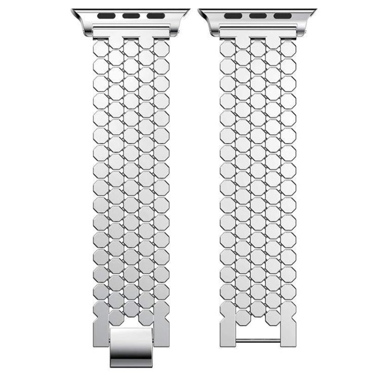 Silver fish scale metal Apple Watch band shown flat, with connector ends and clasp