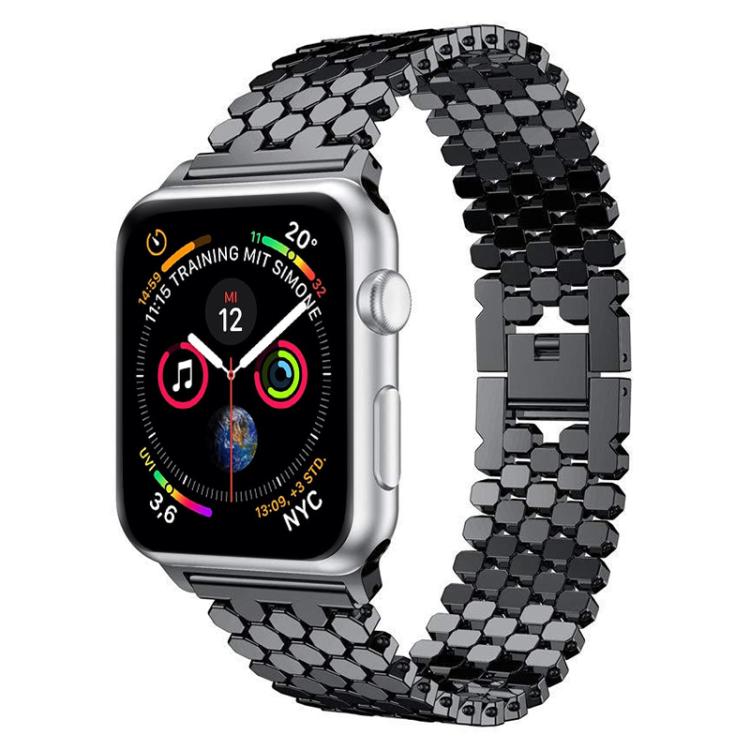 Black fish scale metal Apple Watch band with clasp, shown attached to a watch