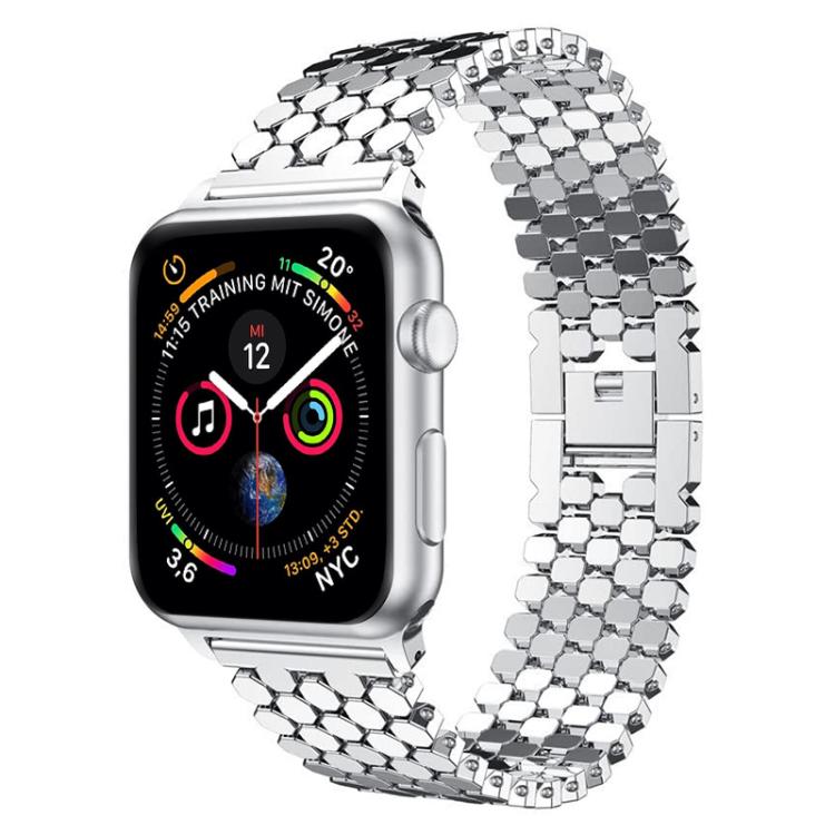 Silver fish scale metal Apple Watch band shown attached to a watch