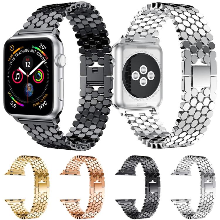 Fish-scale metal Apple Watch band shown fitted to a watch and in four color options
