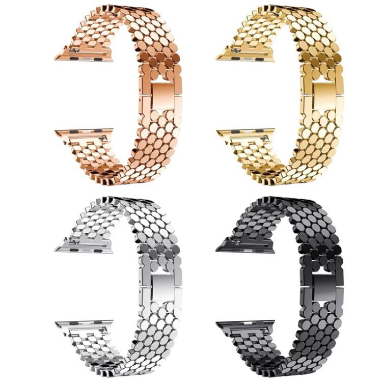 Metal Apple Watch band with fish-scale links in rose gold, gold, silver, and black