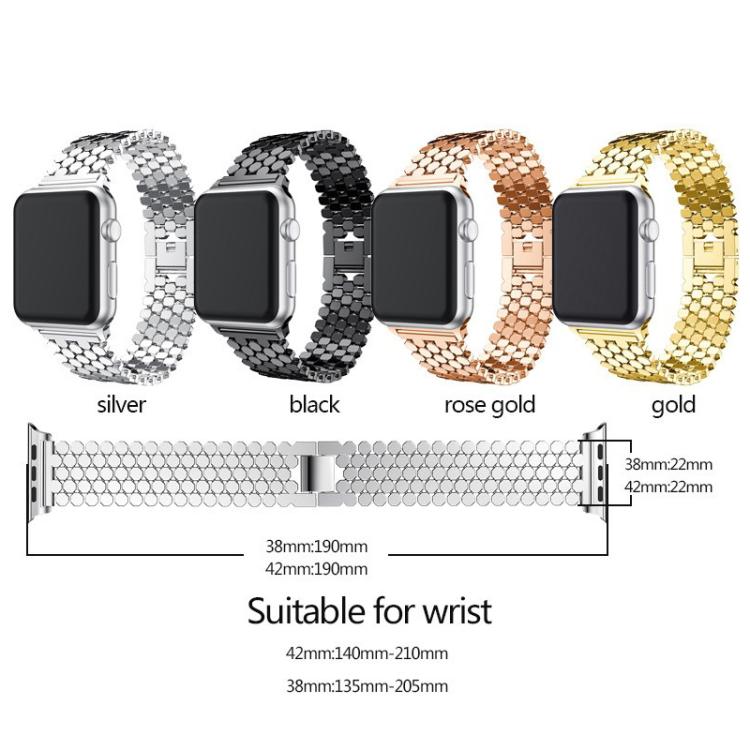 Fish-scale metal Apple Watch band shown in four colors with wrist-fit measurements