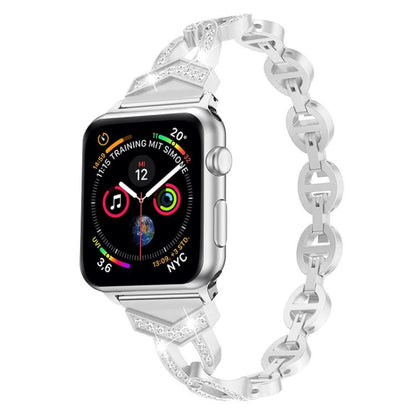 Silver stainless steel Apple Watch band with crystal accents and linked design