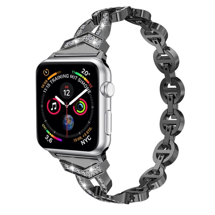 Black stainless steel Apple Watch band with crystal accents and linked design