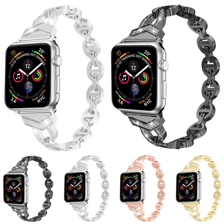 Four color options of linked stainless steel Apple Watch bands with crystal accents