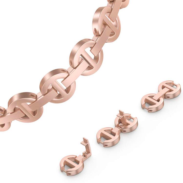 Rose gold stainless steel watch band with linked oval accents and detachable connector pieces.