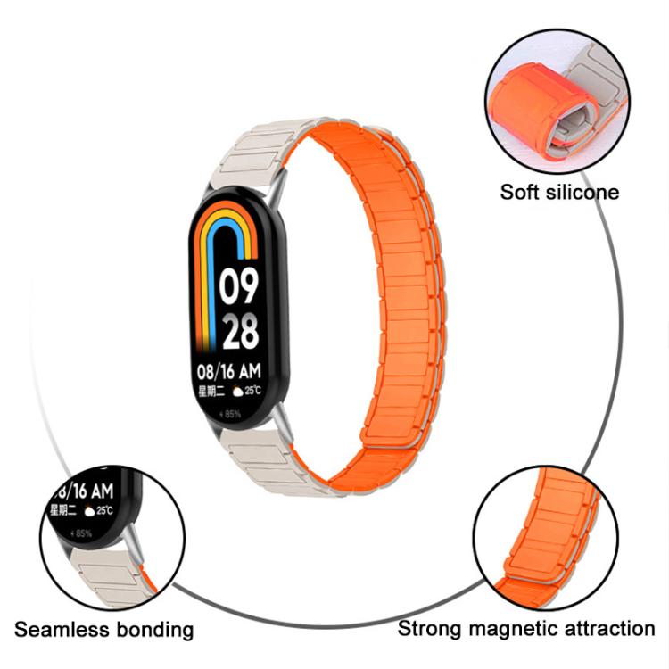Starlight and orange silicone watch band with close-ups of its magnetic connection and soft strap.