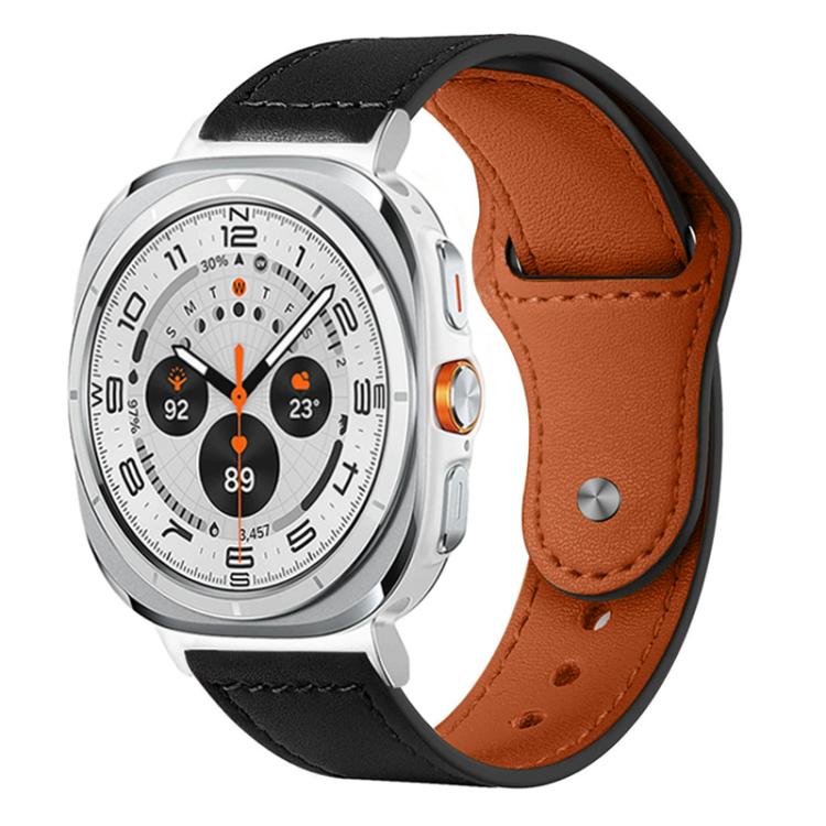 Black leather Galaxy Watch band with brown lining and silver buckle stud.