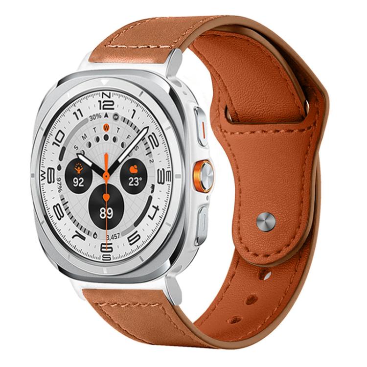 Brown leather Galaxy Watch band with matching stitching and silver buckle stud.