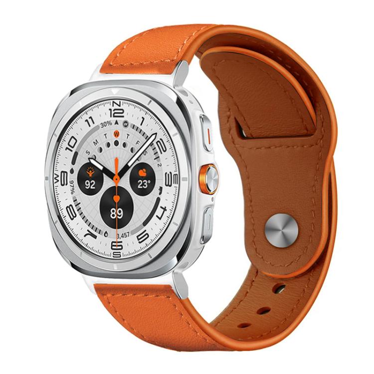 xDfind leather watch band in bright orange with stitched edges and a metal stud buckle.