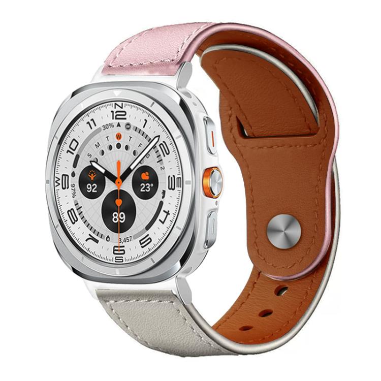 xDfind two-tone leather watch band with a pink and light gray exterior and brown lining.