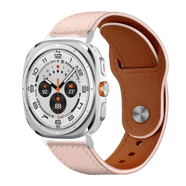 xDfind pale pink leather watch band with brown lining and a metal stud buckle.