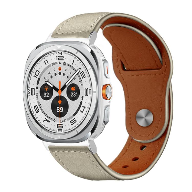 xDfind beige leather watch band with brown lining and a metal stud buckle.