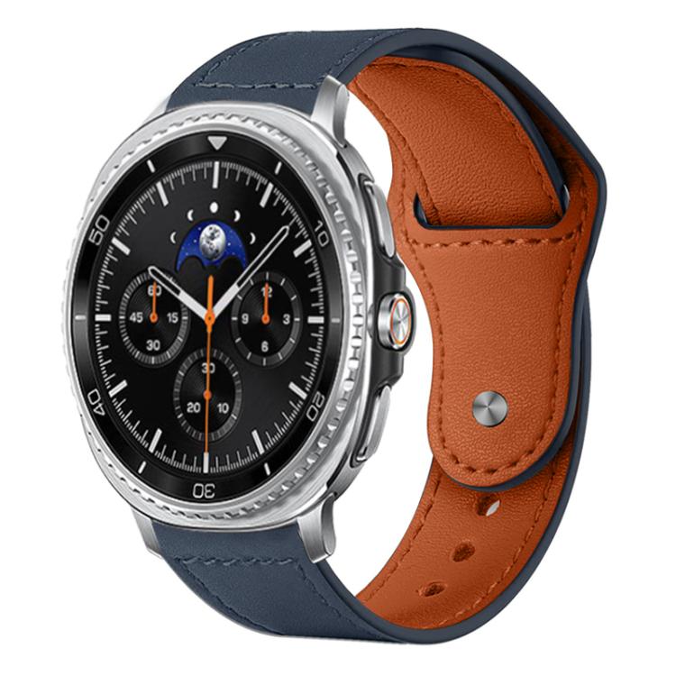 Navy leather Galaxy Watch band with brown lining, shown on a round watch.