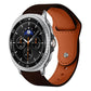 Dark brown leather Galaxy Watch band with brown lining, shown on a round watch.