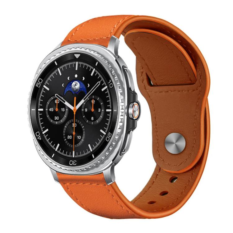 xDfind leather watch band in vivid orange with stitched edges and a metal stud buckle.