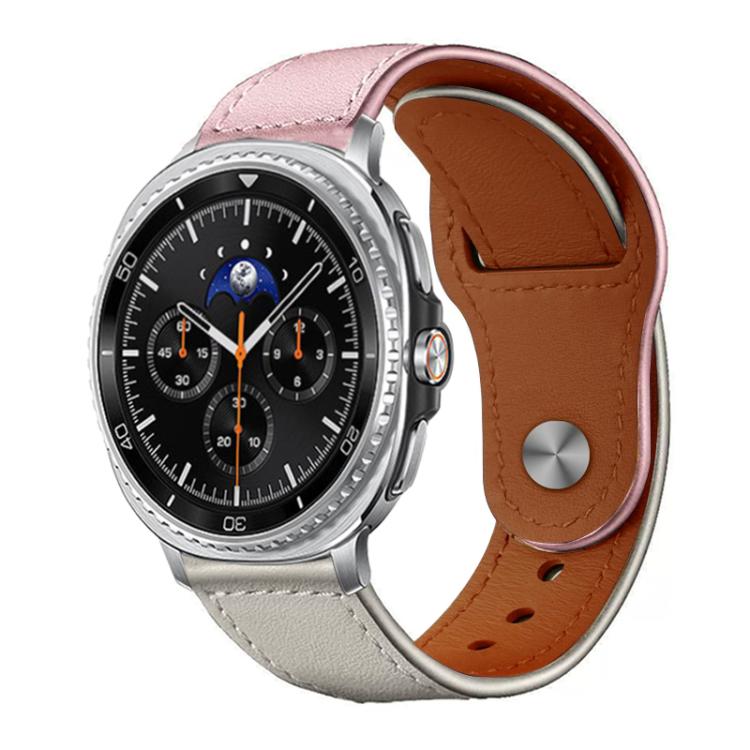 xDfind two-tone leather watch band with pink and light gray panels, brown lining, and stitched edges.