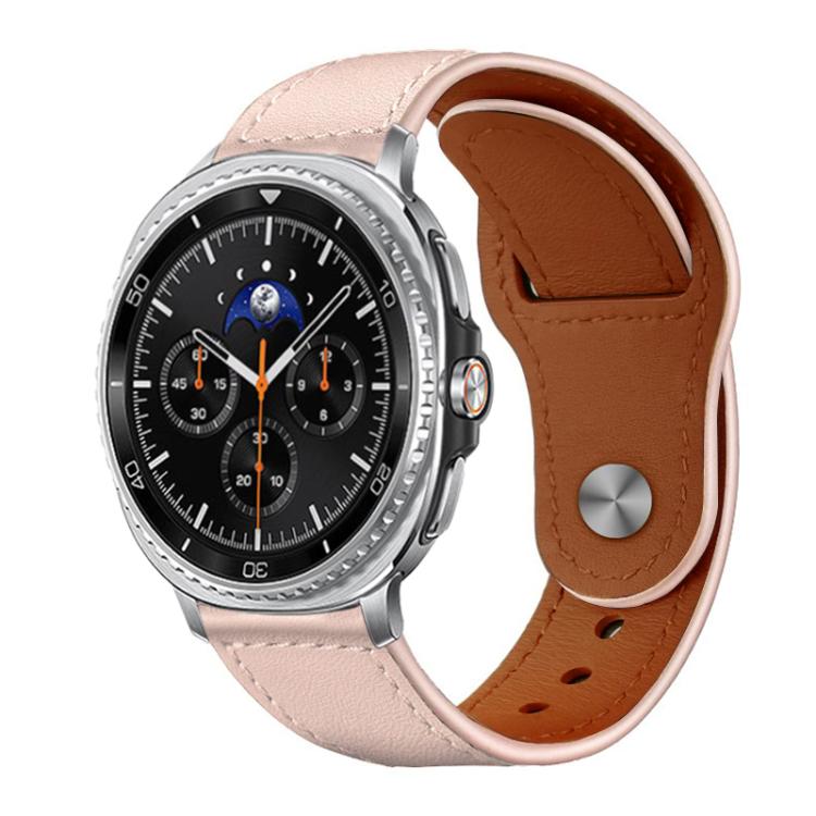 xDfind light pink leather watch band with brown lining, stitched edges, and a metal stud buckle.