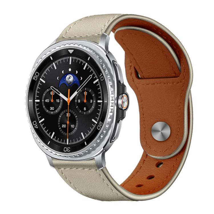 xDfind light beige leather watch band with brown lining, stitched edges, and a metal stud buckle.