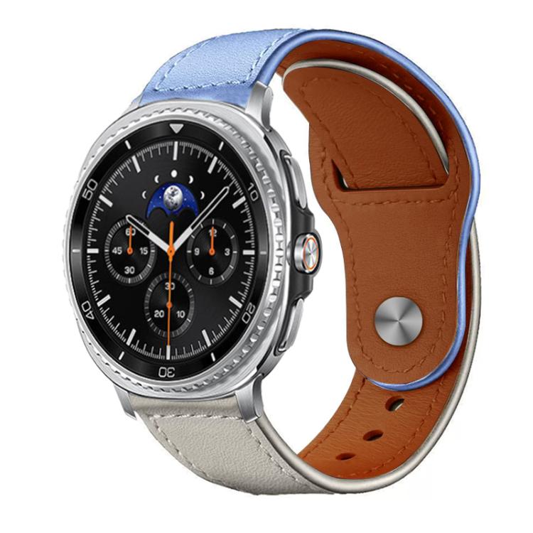 xDfind leather watch band on a watch, pale blue and gray exterior with brown lining