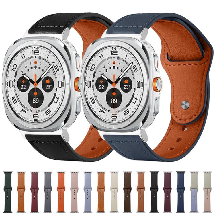 Leather watch bands in black and dark blue, with brown lining and snap studs
