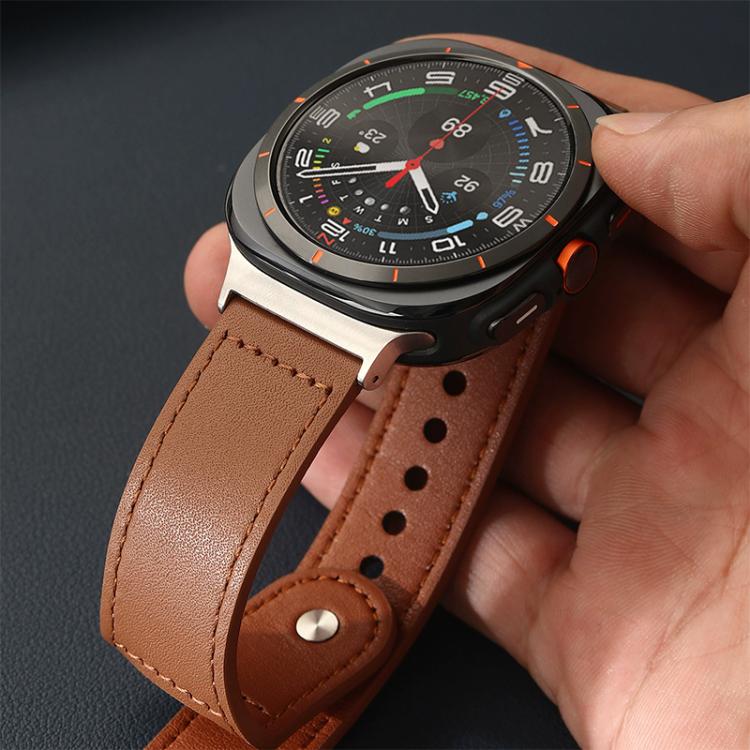 xDfind brown leather watch band with stitching, adjustment holes and metal snap