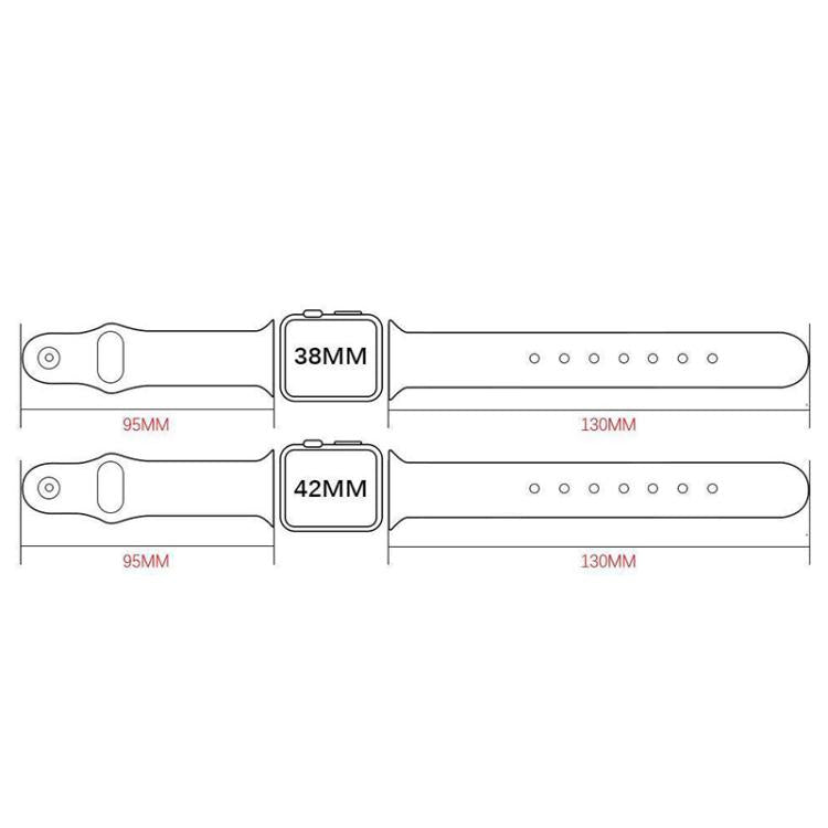 Watch band size diagram showing 38 mm and 42 mm options with strap measurements
