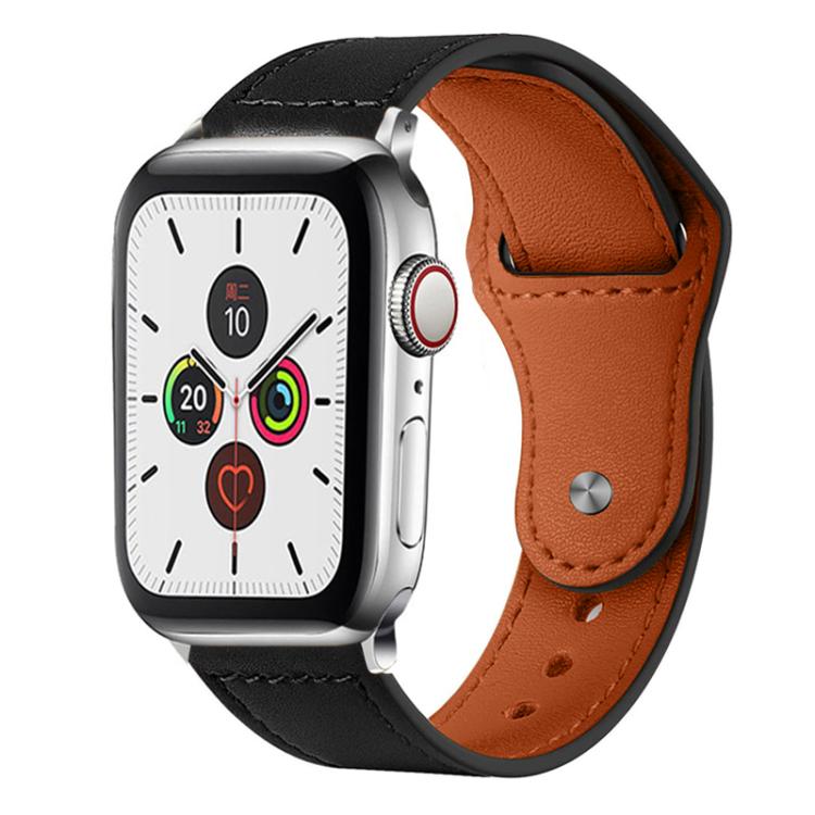 Black genuine leather watch band with brown lining, stitching, and a metal snap stud.