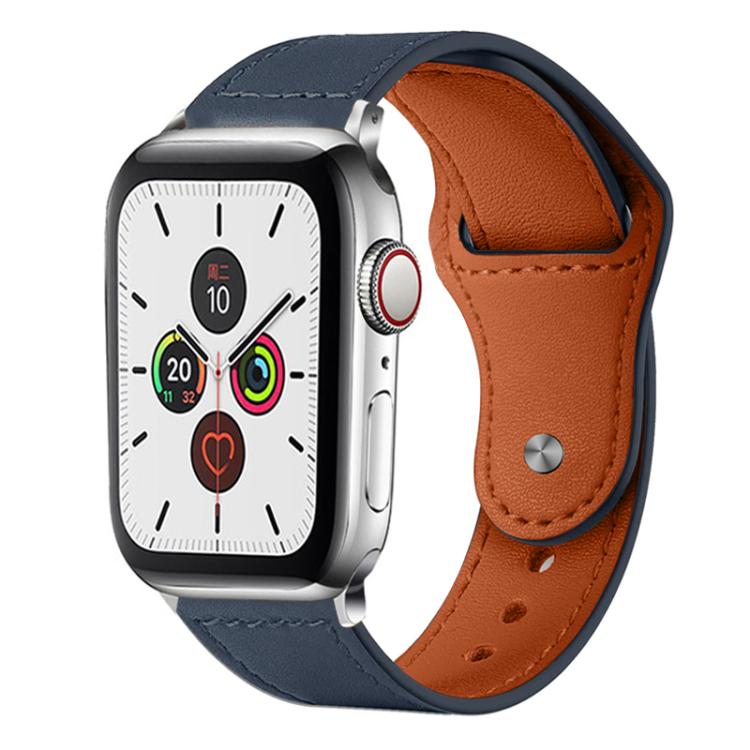 Dark blue genuine leather watch band with brown lining, stitching, and a metal snap stud.