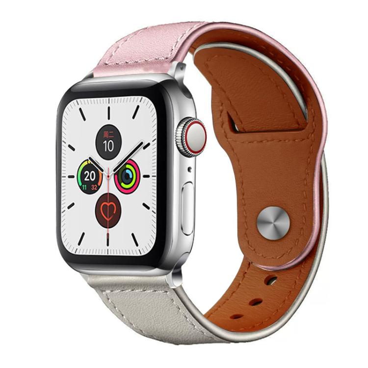 Two-tone leather Apple Watch band with pink and cream sections and a metal rivet buckle