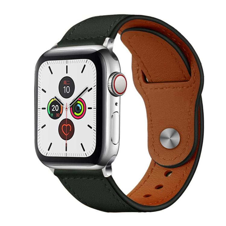Black leather Apple Watch band with brown lining and metal rivet buckle