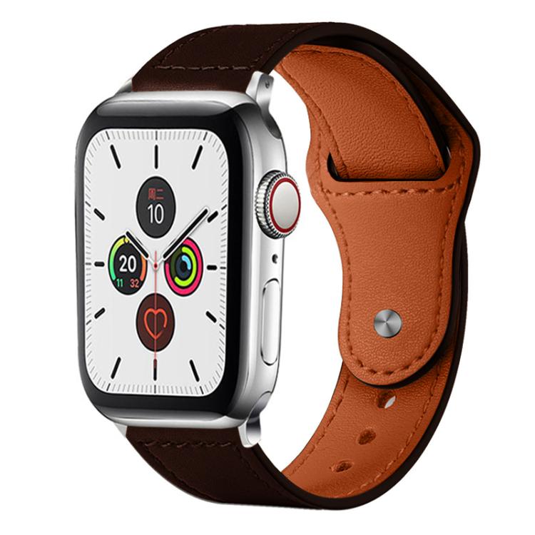 Leather Apple Watch band with dark brown exterior, tan lining, and metal rivet buckle