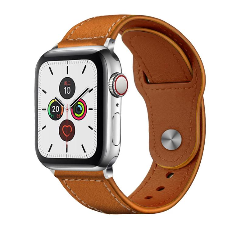 Caramel brown leather watch band with stitched edges and a metal rivet buckle
