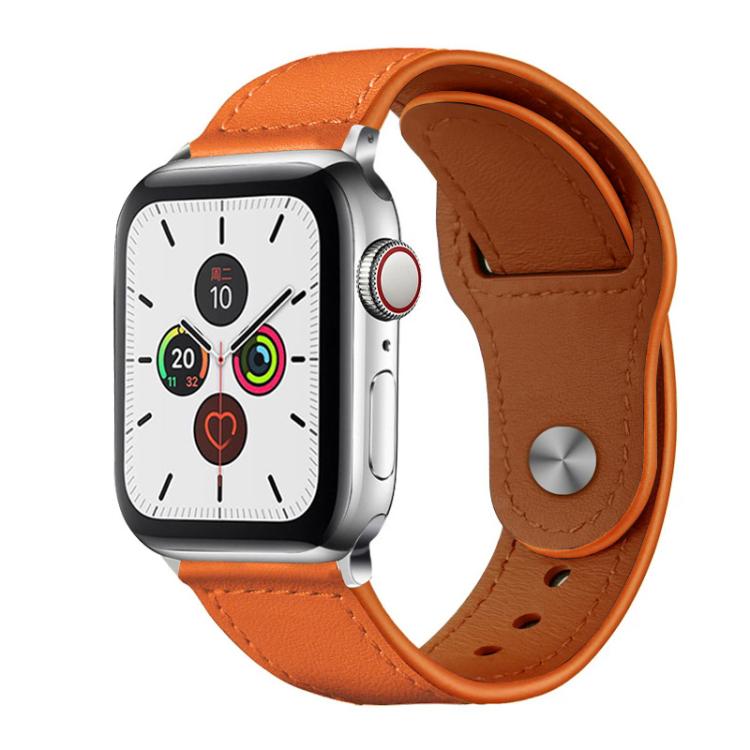 Orange leather watch band with stitched edges, brown lining, and metal rivet buckle