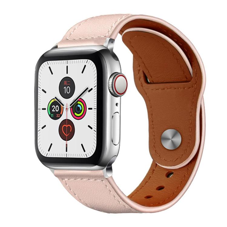 Light pink leather watch band with stitched edges and a metal rivet buckle