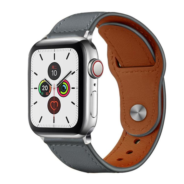 xDfind gray leather watch band with brown lining, stitching, buckle, and smartwatch