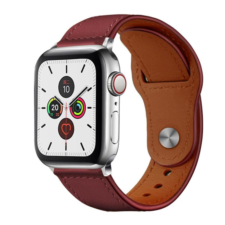 Burgundy leather Apple Watch band with brown lining and metal rivet buckle
