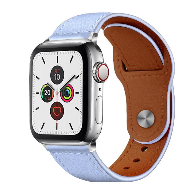 Pale lavender leather Apple Watch band with brown lining and metal rivet buckle