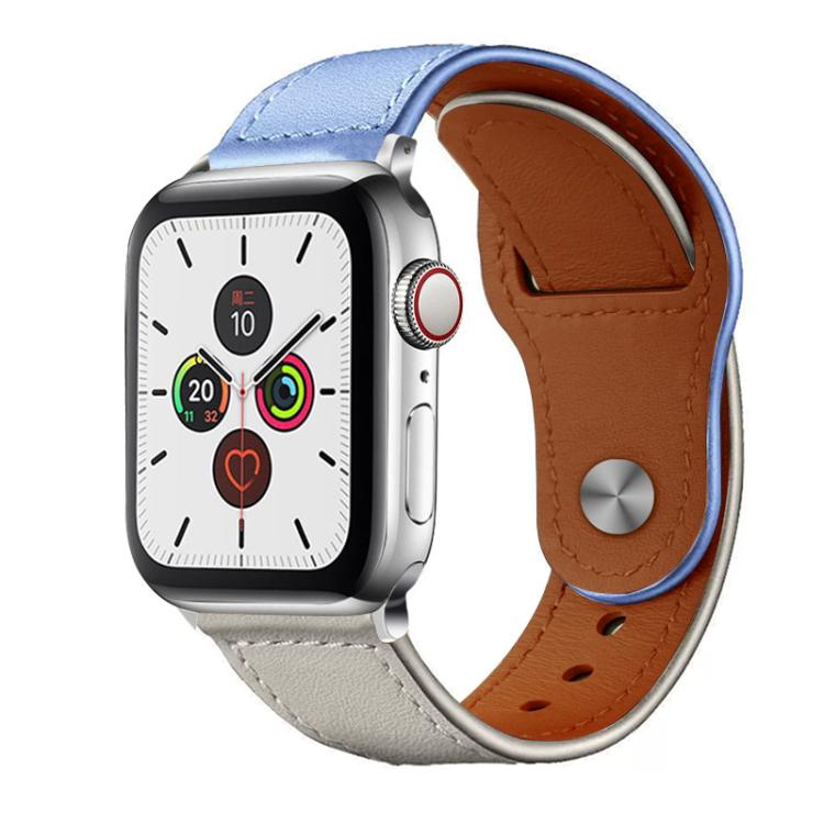Two-tone blue and light gray leather Apple Watch band with brown lining and rivet buckle
