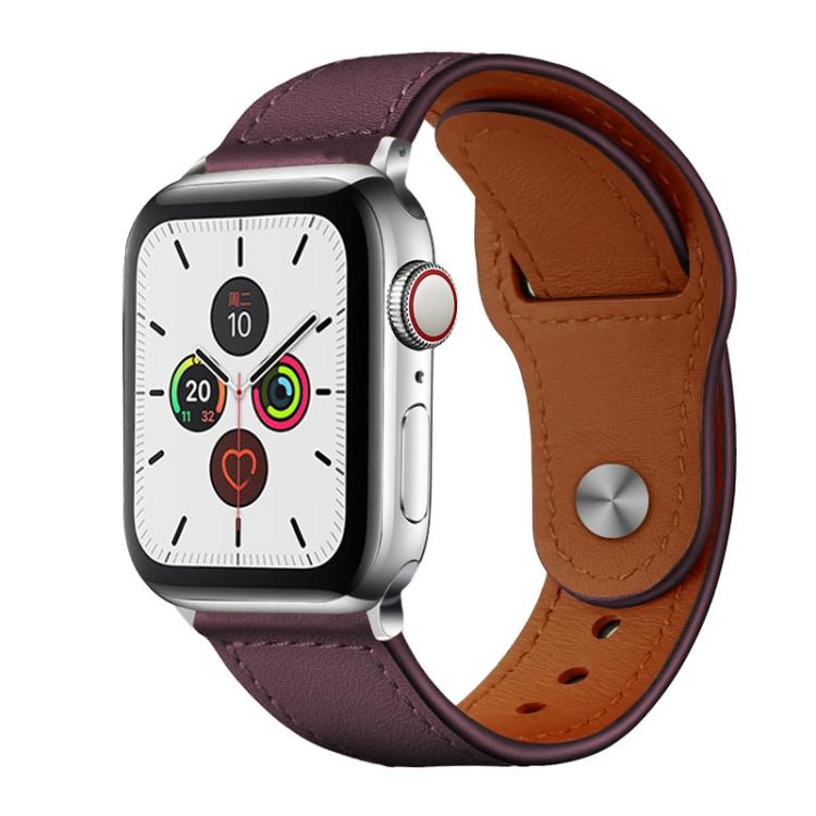 xDfind leather watch band in muted plum with brown lining, stitching, buckle, and smartwatch