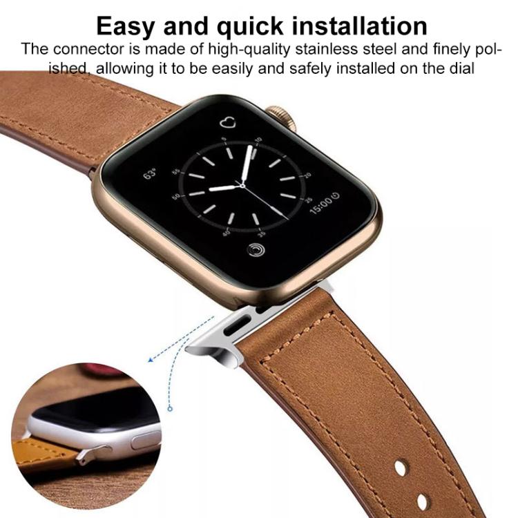 xDfind tan leather watch band with stitched edges and metal connectors, shown attached to a smartwatch