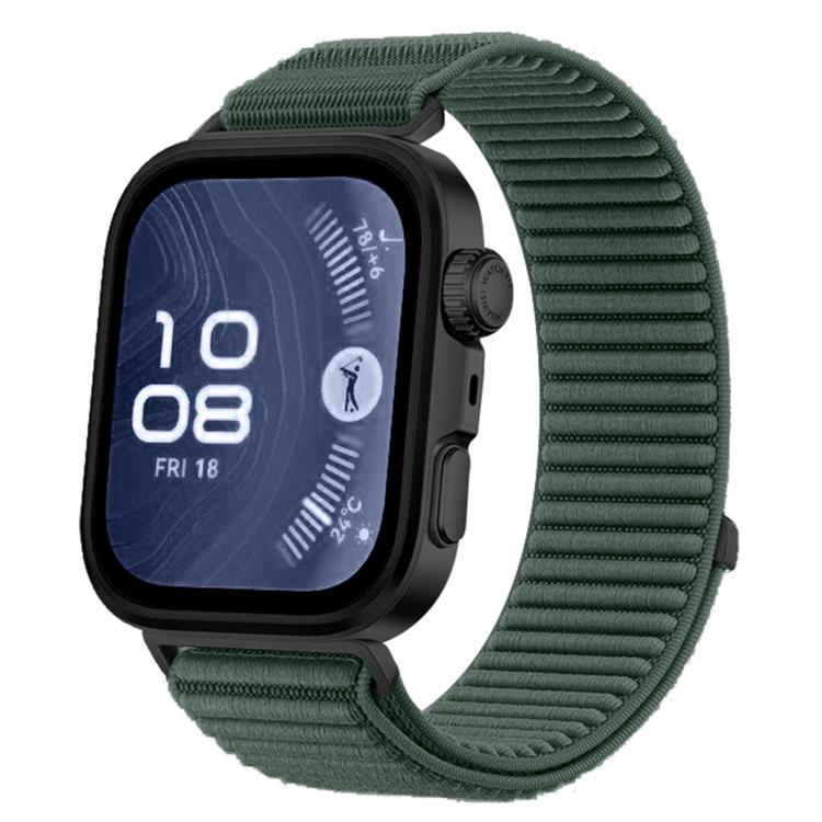 Woven nylon watch band in deep green with a black smartwatch