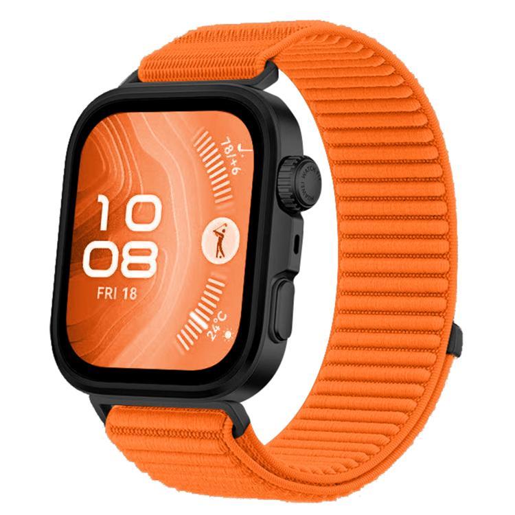 Woven nylon watch band in orange with a black smartwatch