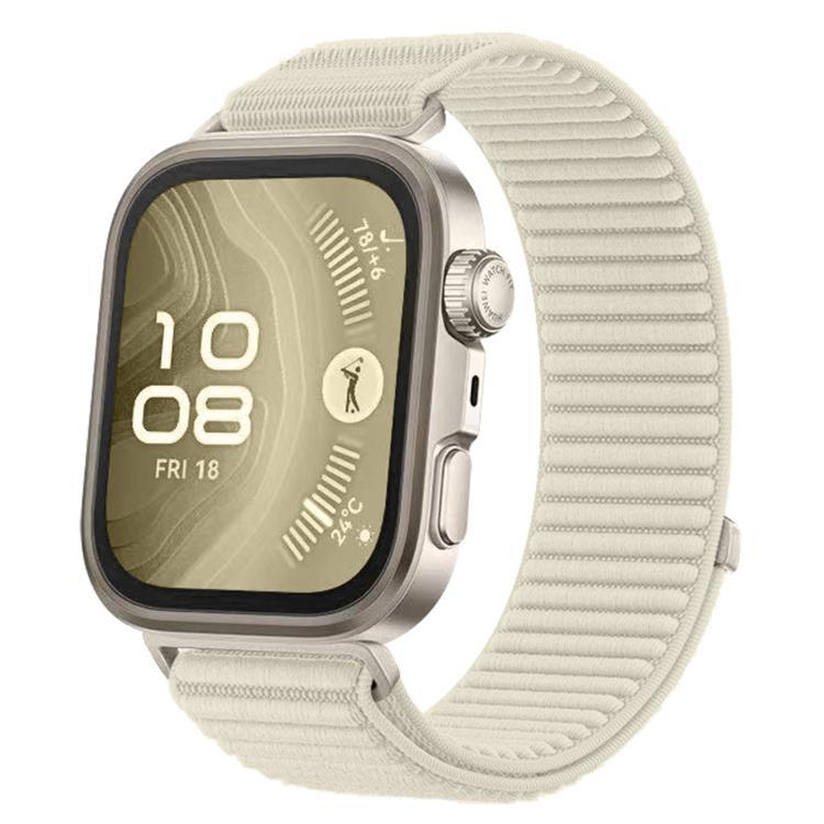 Woven nylon watch band in ivory with a silver smartwatch