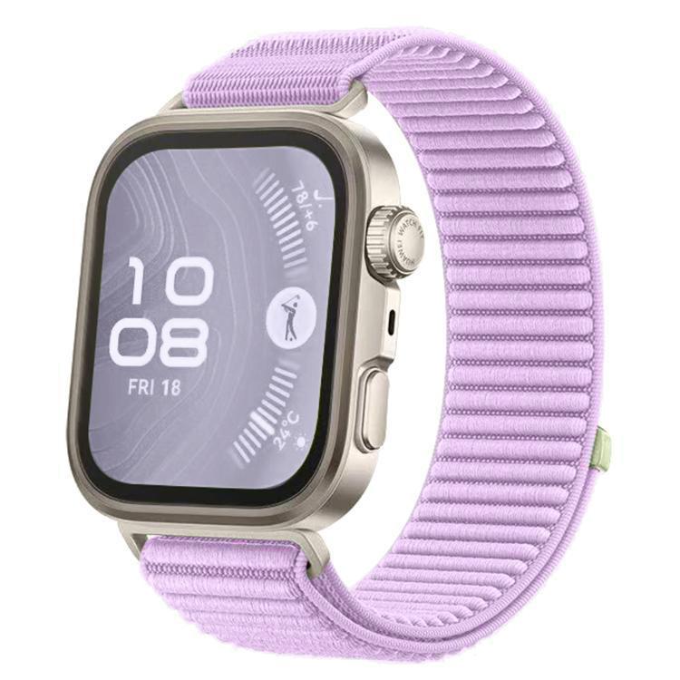 Woven nylon watch band in lavender with a silver smartwatch