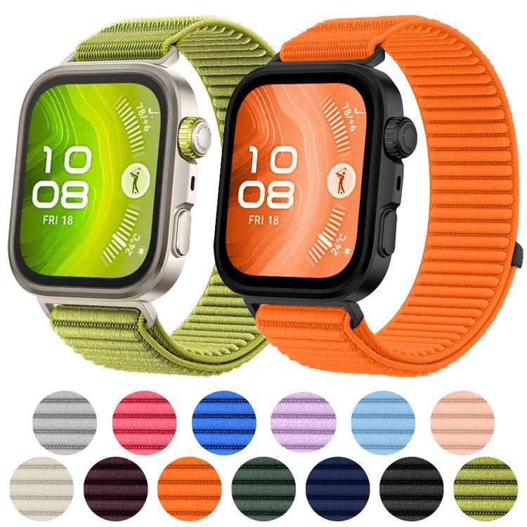 Woven nylon watch bands in green and orange, with multiple color options shown below.