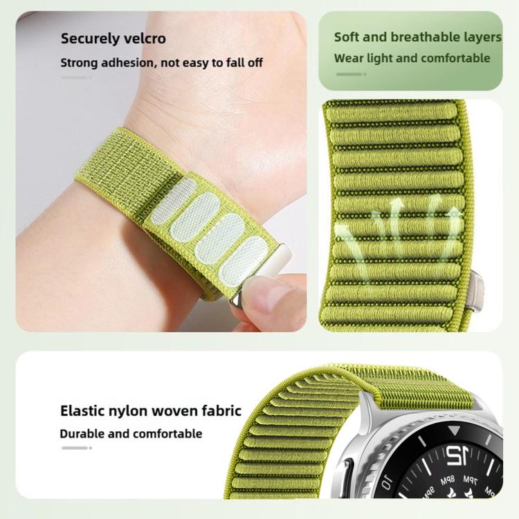 Green woven nylon watch band with hook-and-loop closure and layered elastic fabric.