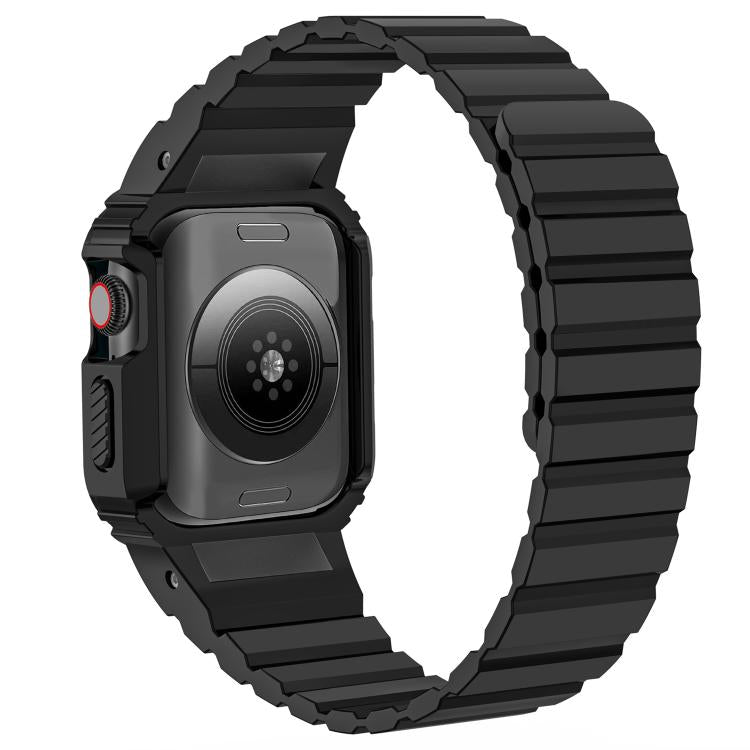 Back view of black silicone Apple Watch band and integrated cover, showing sensor opening