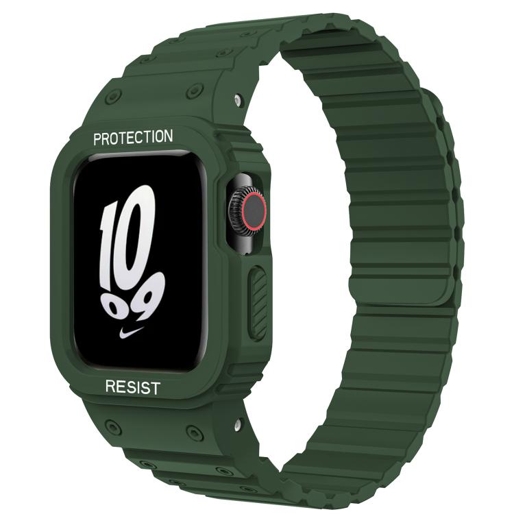 Green silicone Apple Watch band with integrated protective cover and ridged magnetic strap
