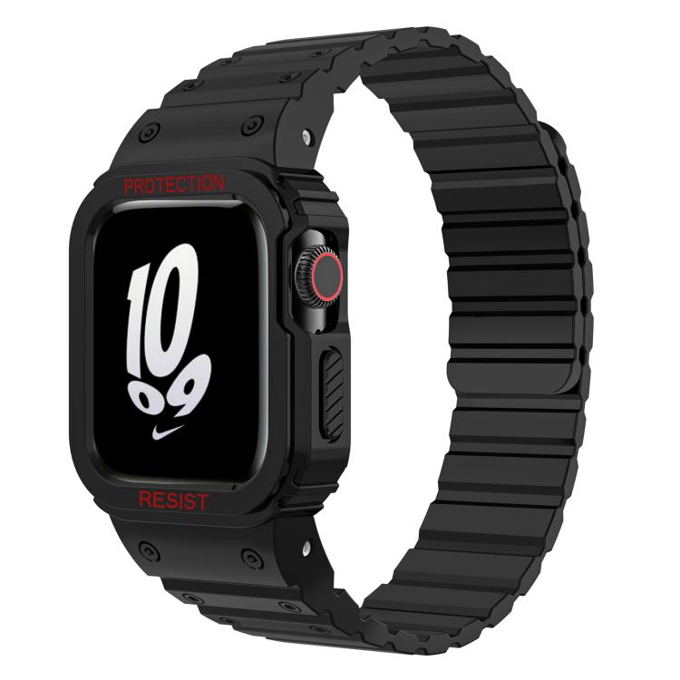 Black silicone watch band with matching integrated case and grooved strap